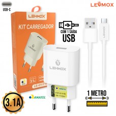 Kit Carregador 1 USB + Cabo Tipo C 1m LE-511 Lehmox - Branco